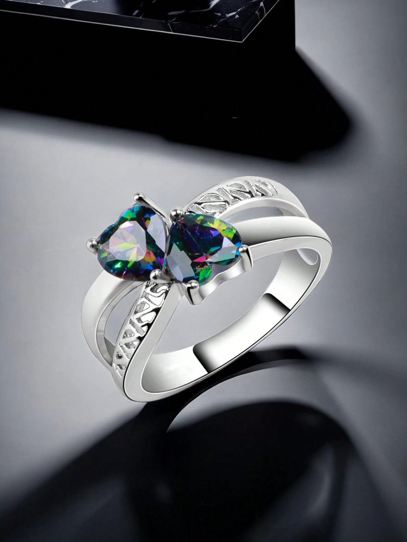 925 Sterling Silver Mystic Rainbow Double Heart Celtic Ring