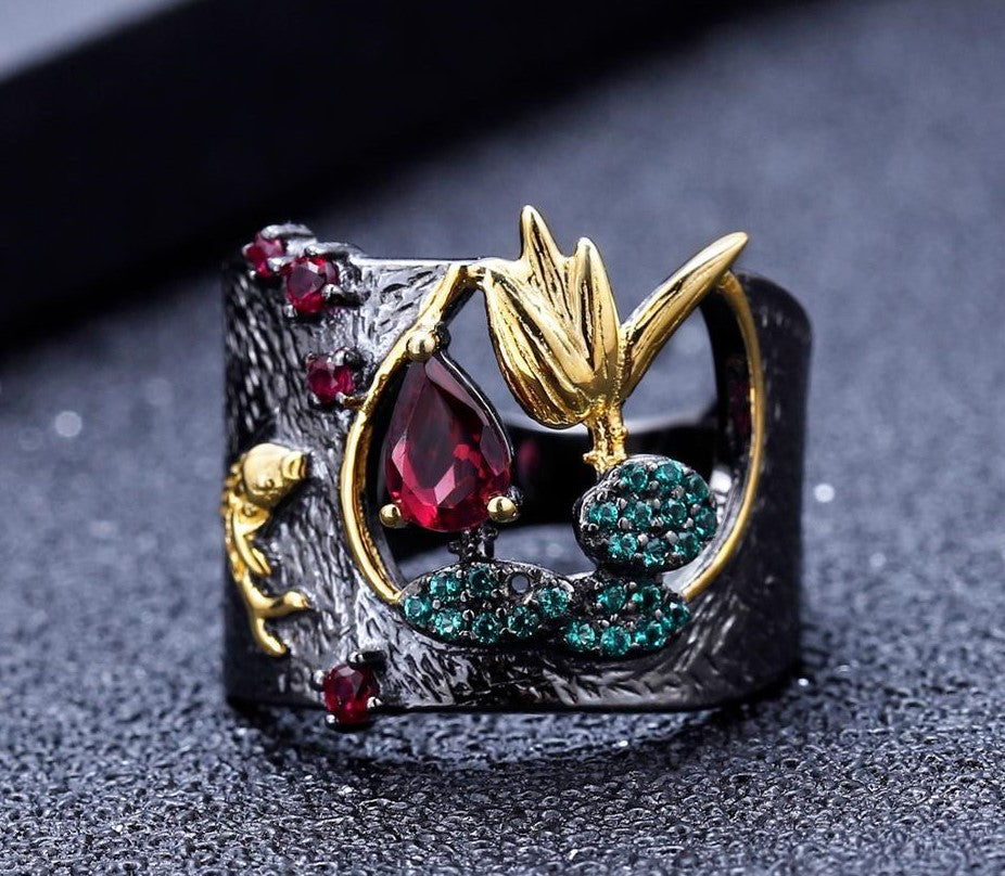 925 Silver Red Rhodolite Garnet Handmade Scenery Ring