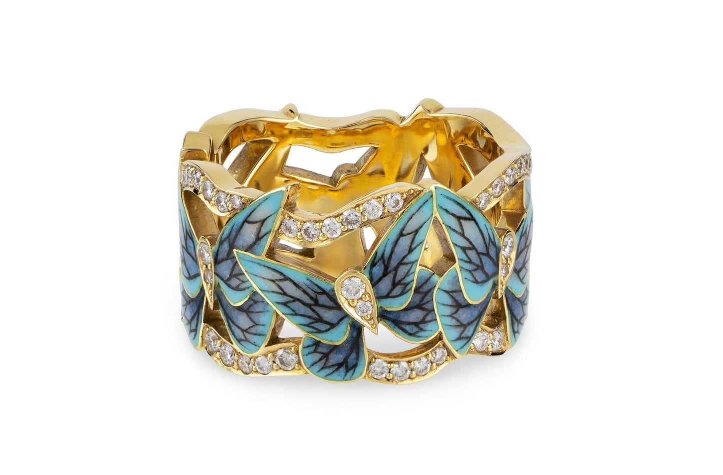925 Sterling Silver Filled Blue Butterfly Golden Enamel Ring