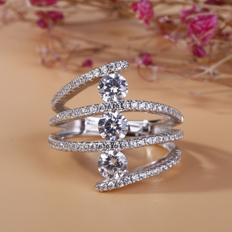 3 Tiered Wrap Crystal Zircon Round Cut Silver Engagement Ring