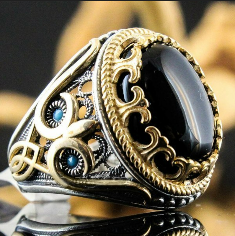 Men's Turkish Handmade Two Tone Black Zircon Vintage Ring