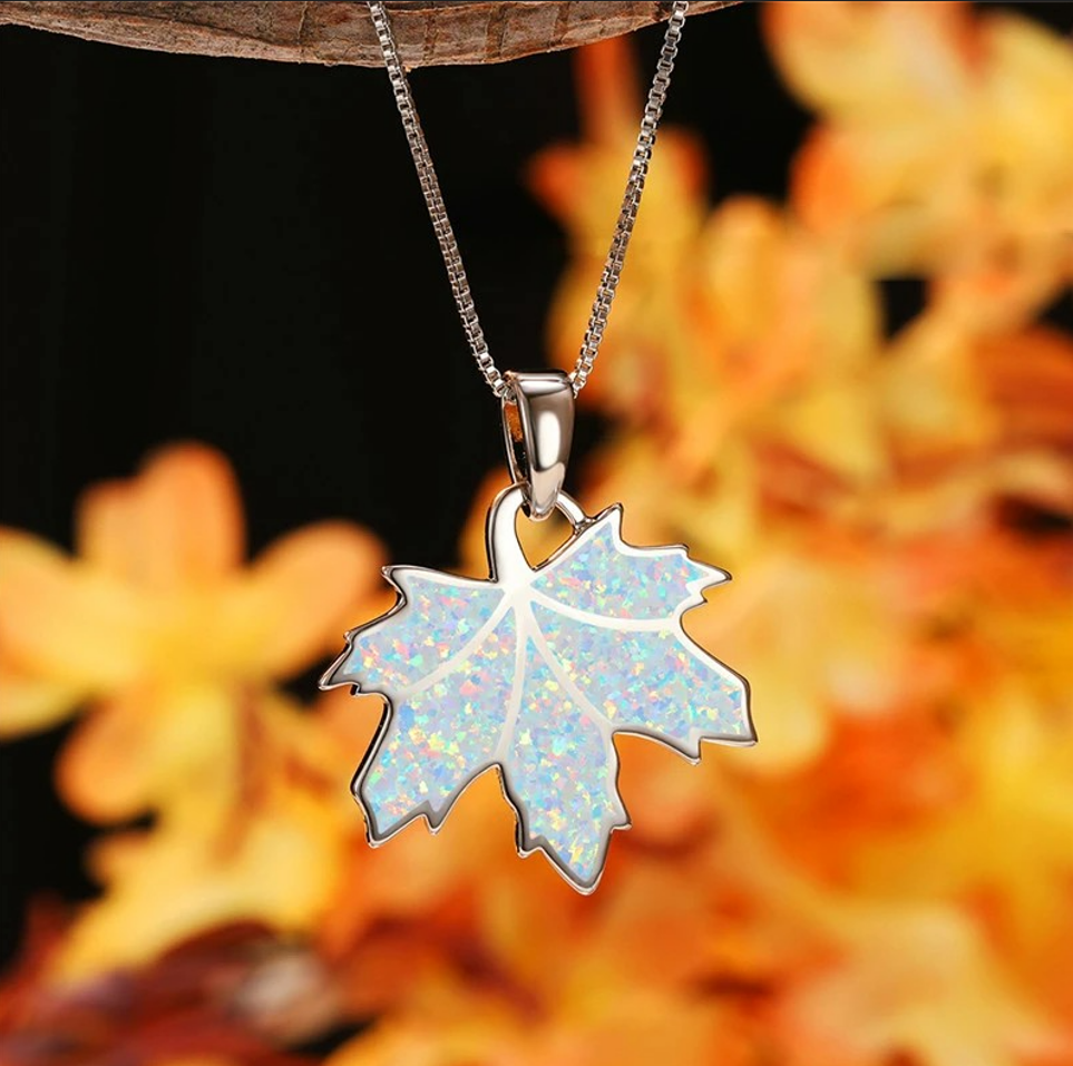White Opal Maple Leaf Pendant Silver Nature Necklace