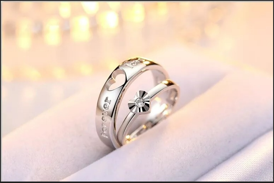2pcs Sterling Silver Hollow Heart Matching Couple Rings
