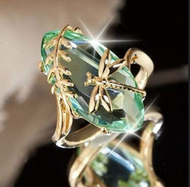 Sterling Silver Green Olive Marquise Gold Dragonfly Ring