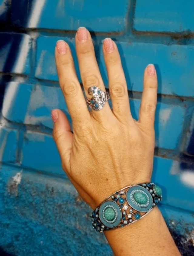 Sterling Silver Carved Fish Underwater Ocean Blue Epoxy Ring