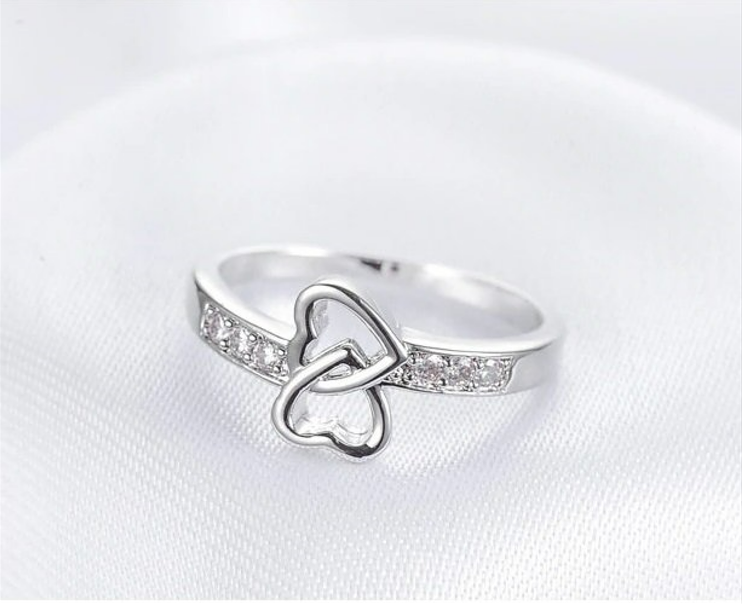Sterling Silver Hollow Double Heart CZ Crystals Ring