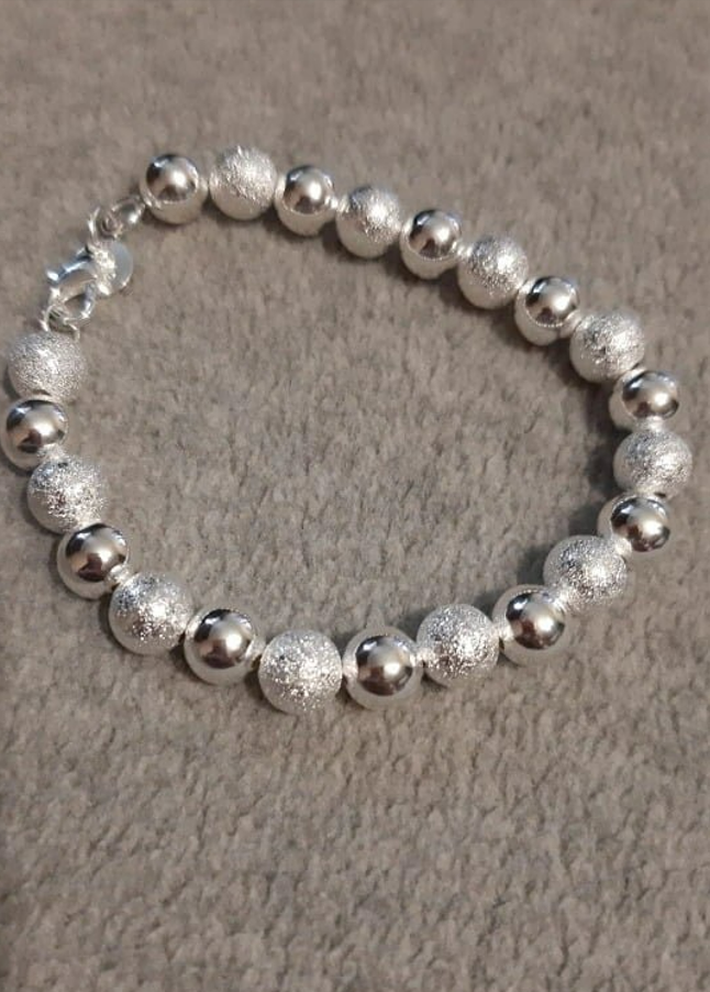925 Sterling Silver Round Sandy Beads Charm Bracelet