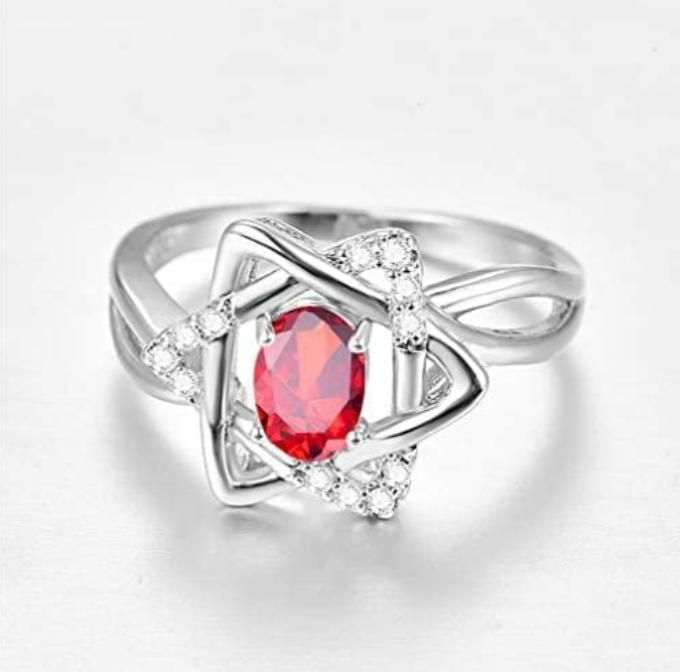 925 Sterling Silver Red Oval Hexagonal Star Inlaid Ring