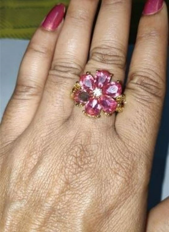 Huge Floral Flower Pedals Pink Gemstone Gold Ring