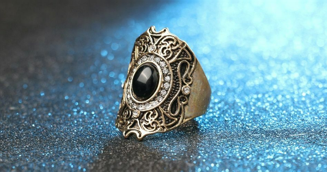 Black Resin Mosaic Large Turkish Ancient Gold Ethnic Ring