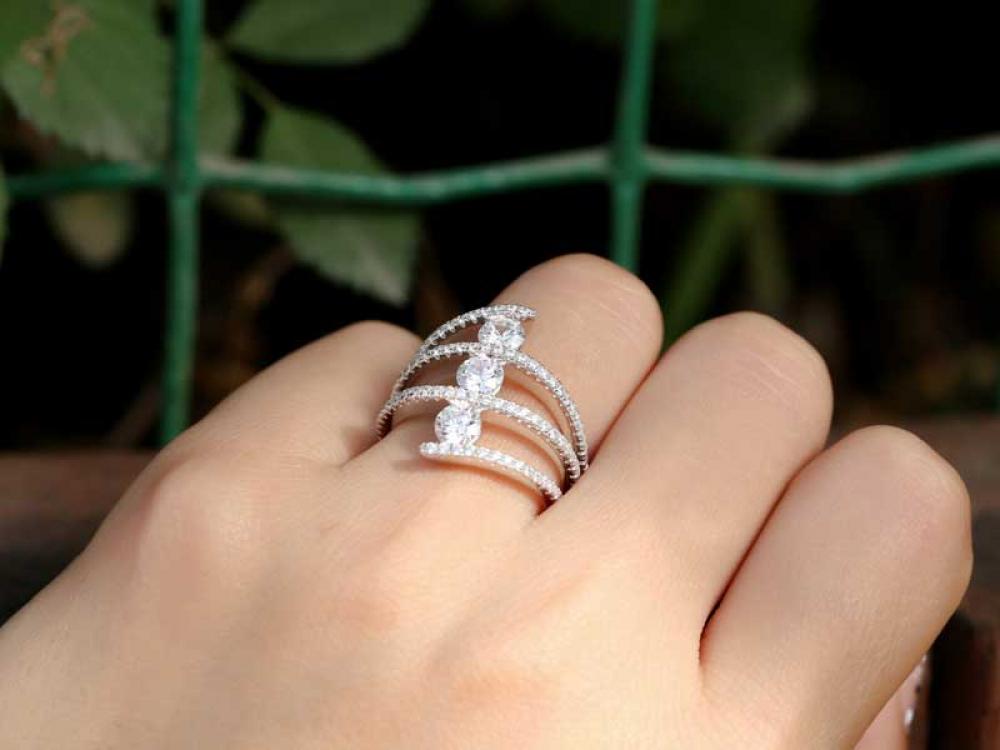 3 Tiered Wrap Crystal Zircon Round Cut Silver Engagement Ring