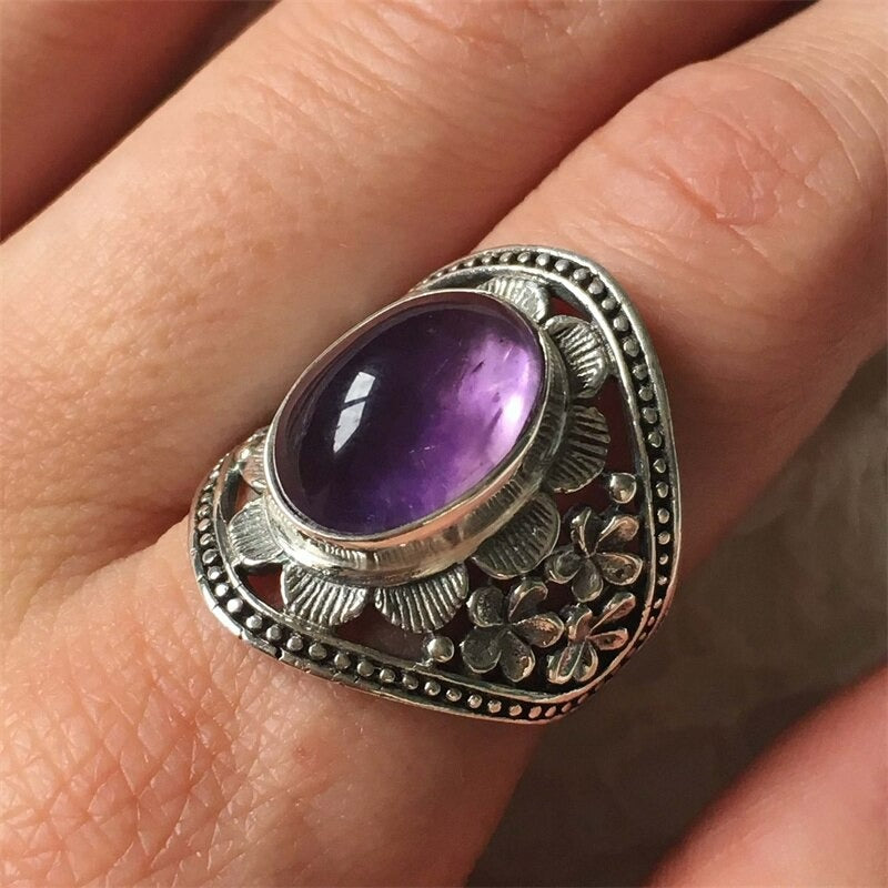 Vintage Hand Carved Flower Purple Amethyst Silver Ring