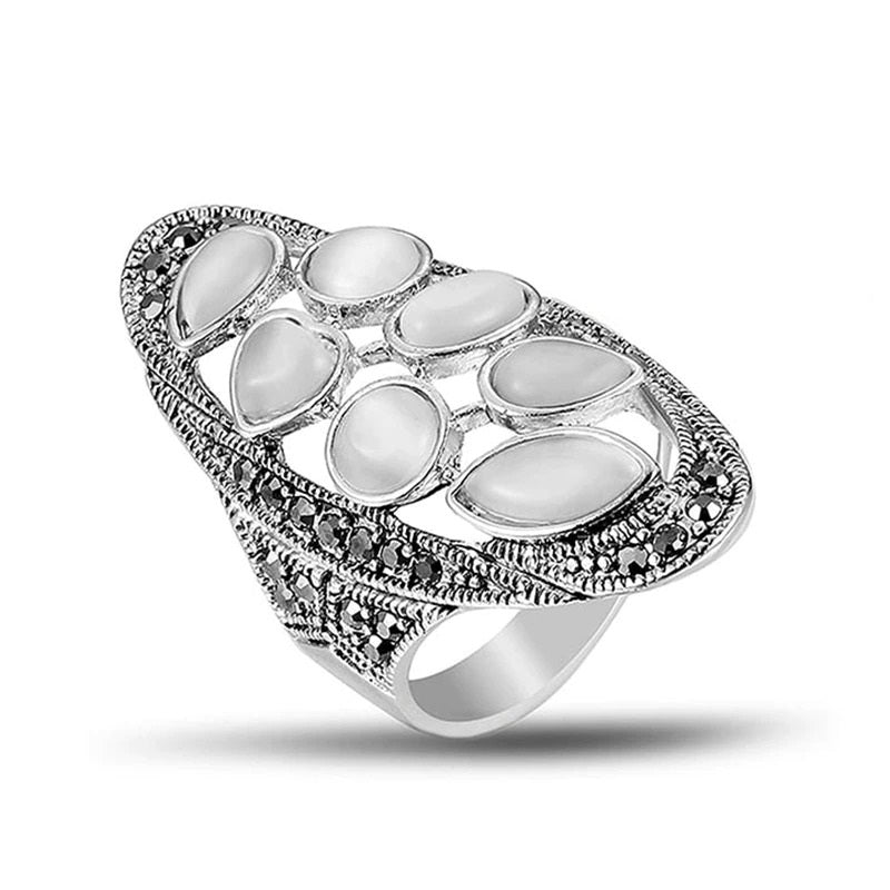 Vintage Tibetan Gray Opal Antique Silver Ethnic Ring