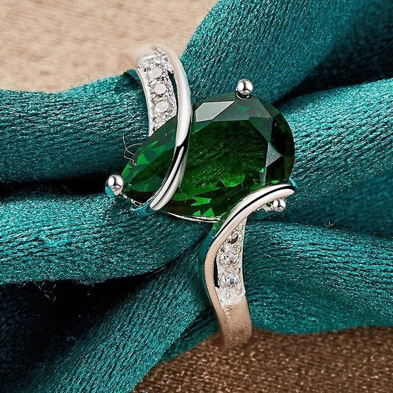 925 Sterling Silver Big Emerald Green Teardrop Ring