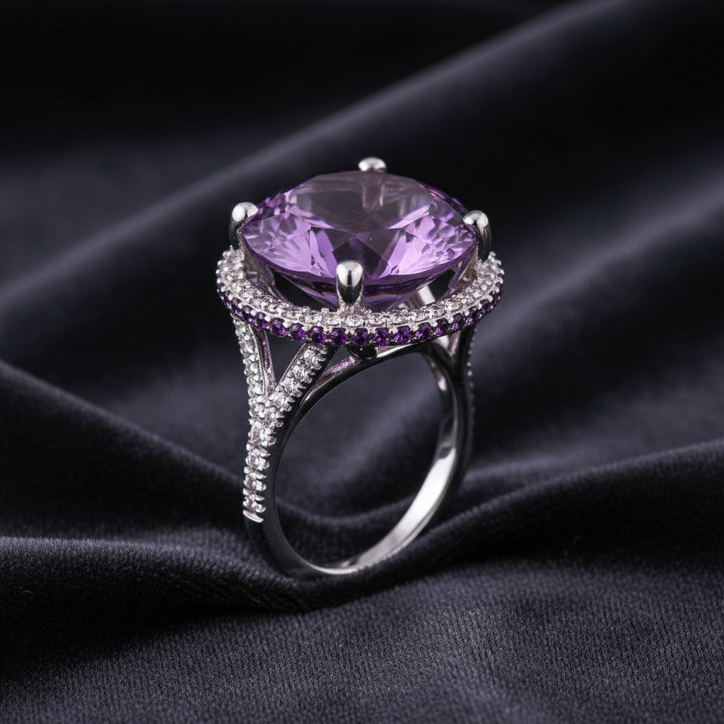 12mm Round Cut Purple Amethyst & CZ Crystal Silver Ring