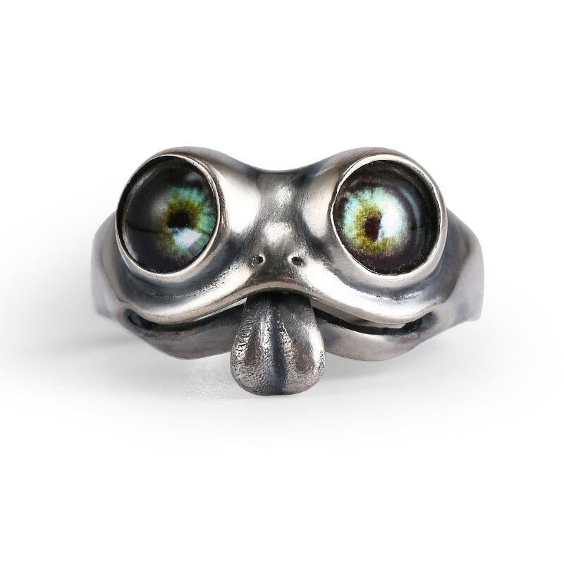 Creative Frog Tongue Green Eyes Open Silver Ring