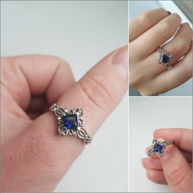 Blue Princess Cut Crown Halo Silver Ring