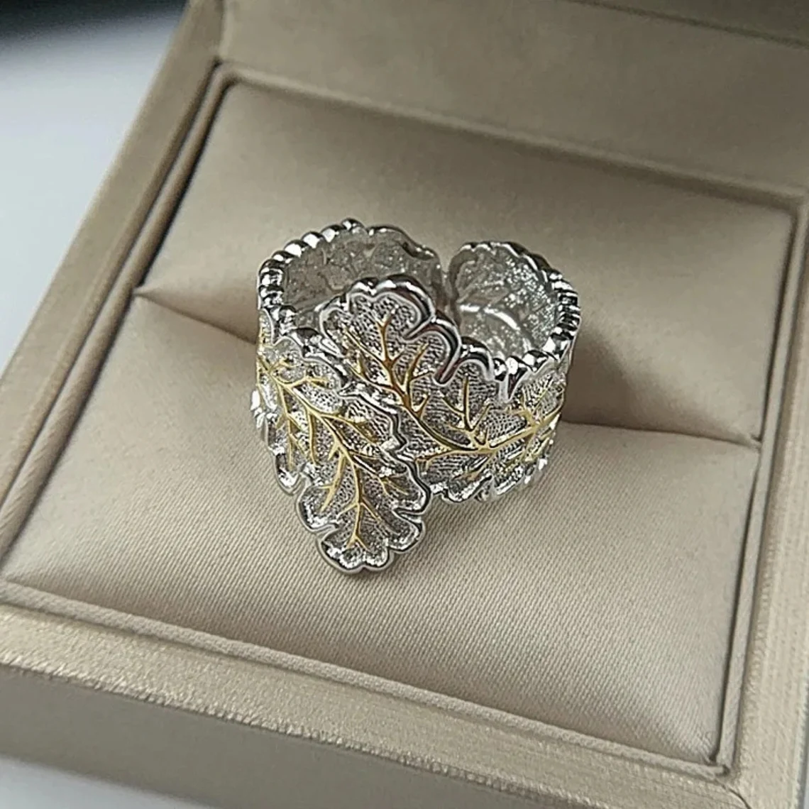 Handmade Antique Silver Carved Tree Leaf Vintage Ring
