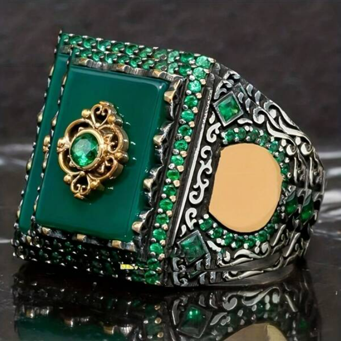Men's Large Handmade Emerald Green Square Two Tone European Ring