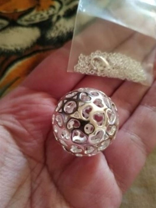 Hollow Heart Ball Sphere Pendant Silver Necklace & 18" Chain