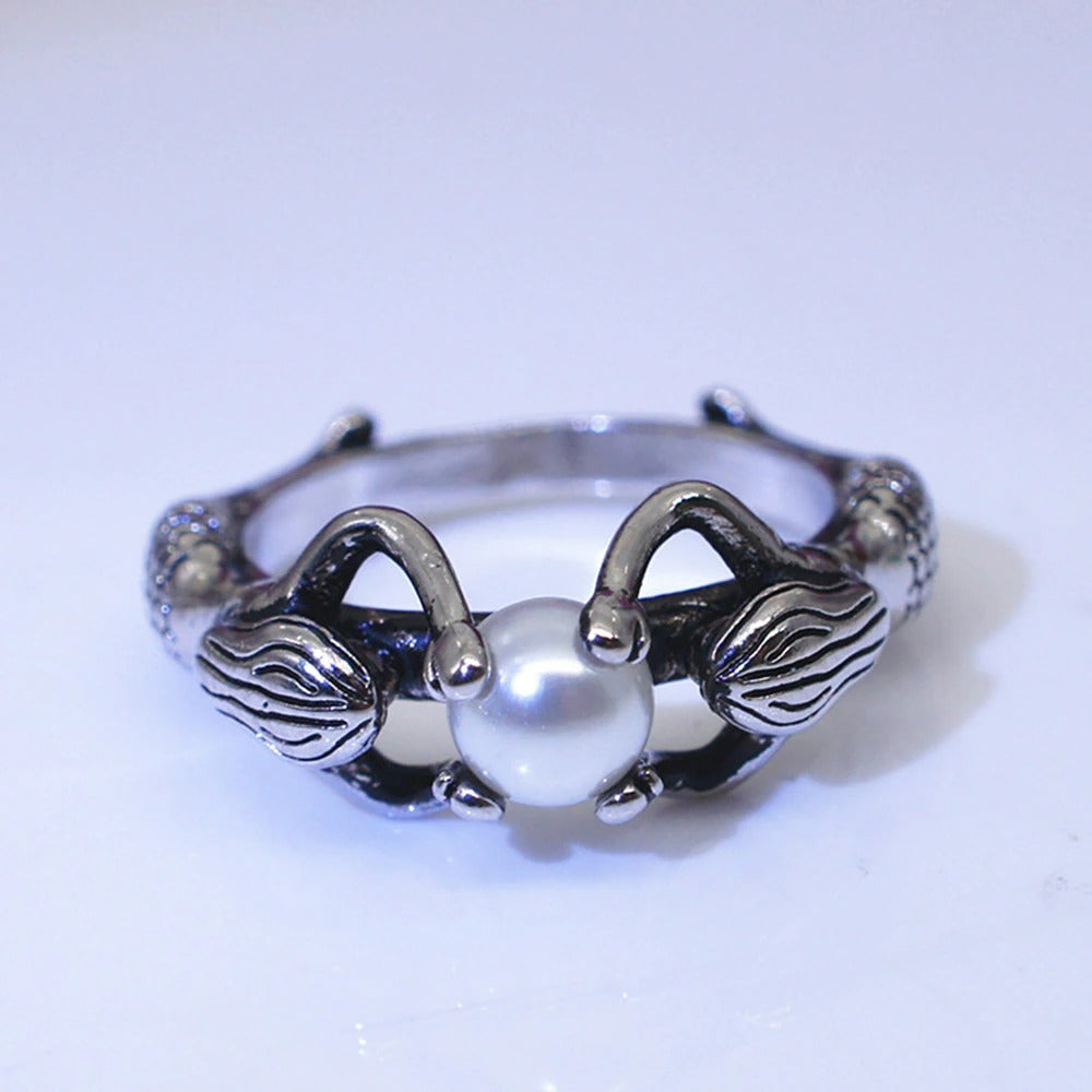 Retro Mermaid Freshwater Pearl Antique Silver Ring