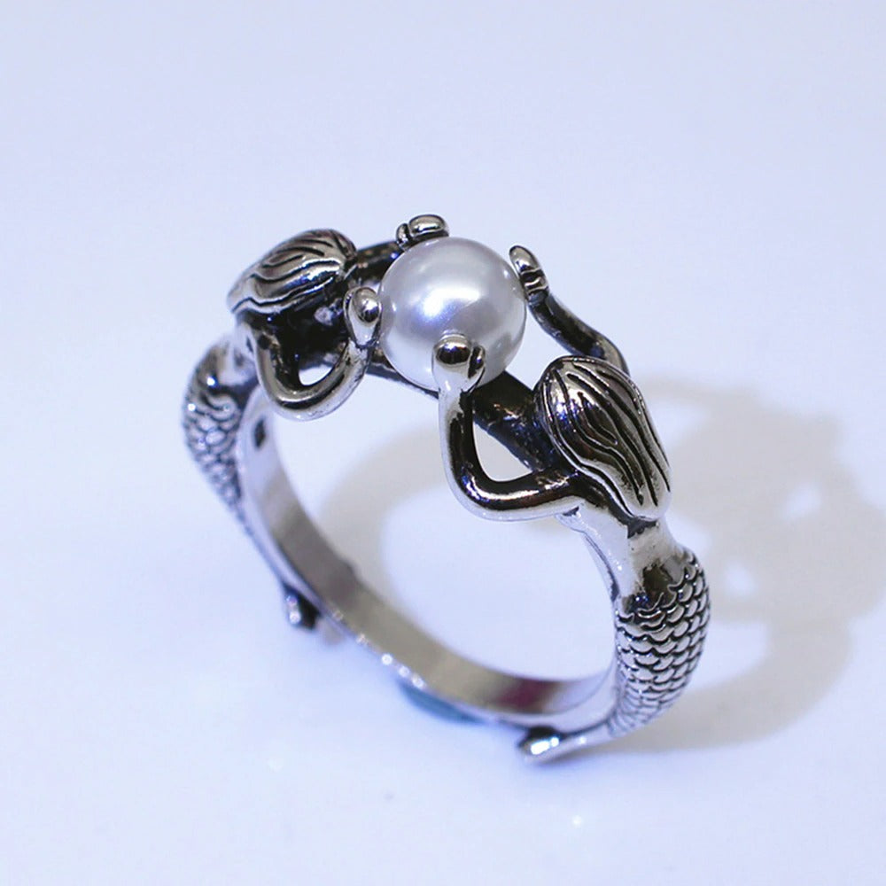 Retro Mermaid Freshwater Pearl Antique Silver Ring