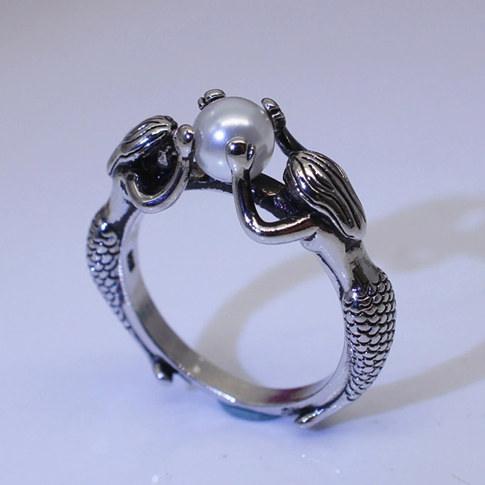 Retro Mermaid Freshwater Pearl Antique Silver Ring
