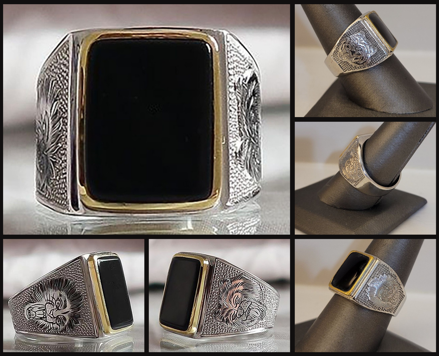 Men's Retro Lion Black Square Onyx Silver Ring