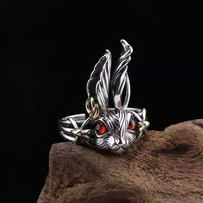 Retro Big Ear Rabbit Red Zircon Silver Open Animal Ring