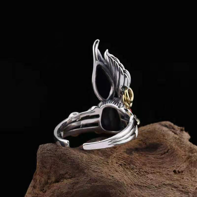 Retro Big Ear Rabbit Red Zircon Silver Open Animal Ring