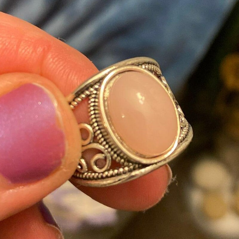 Vintage Pink Moonstone Swirl Motifs Antique Silver Ring