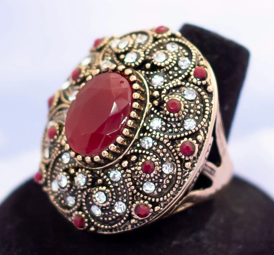 Victorian Red Mosaic Turkish Antique Gold Ring