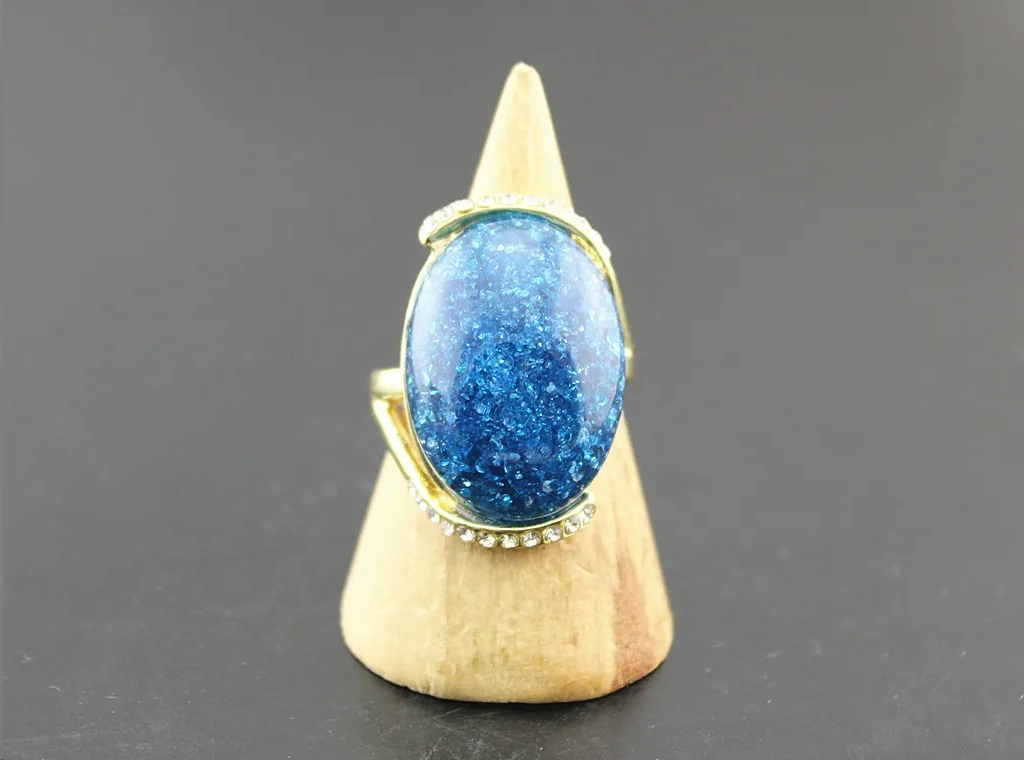 Big Oval Blue Mosaic Antique Gold Vintage Ring