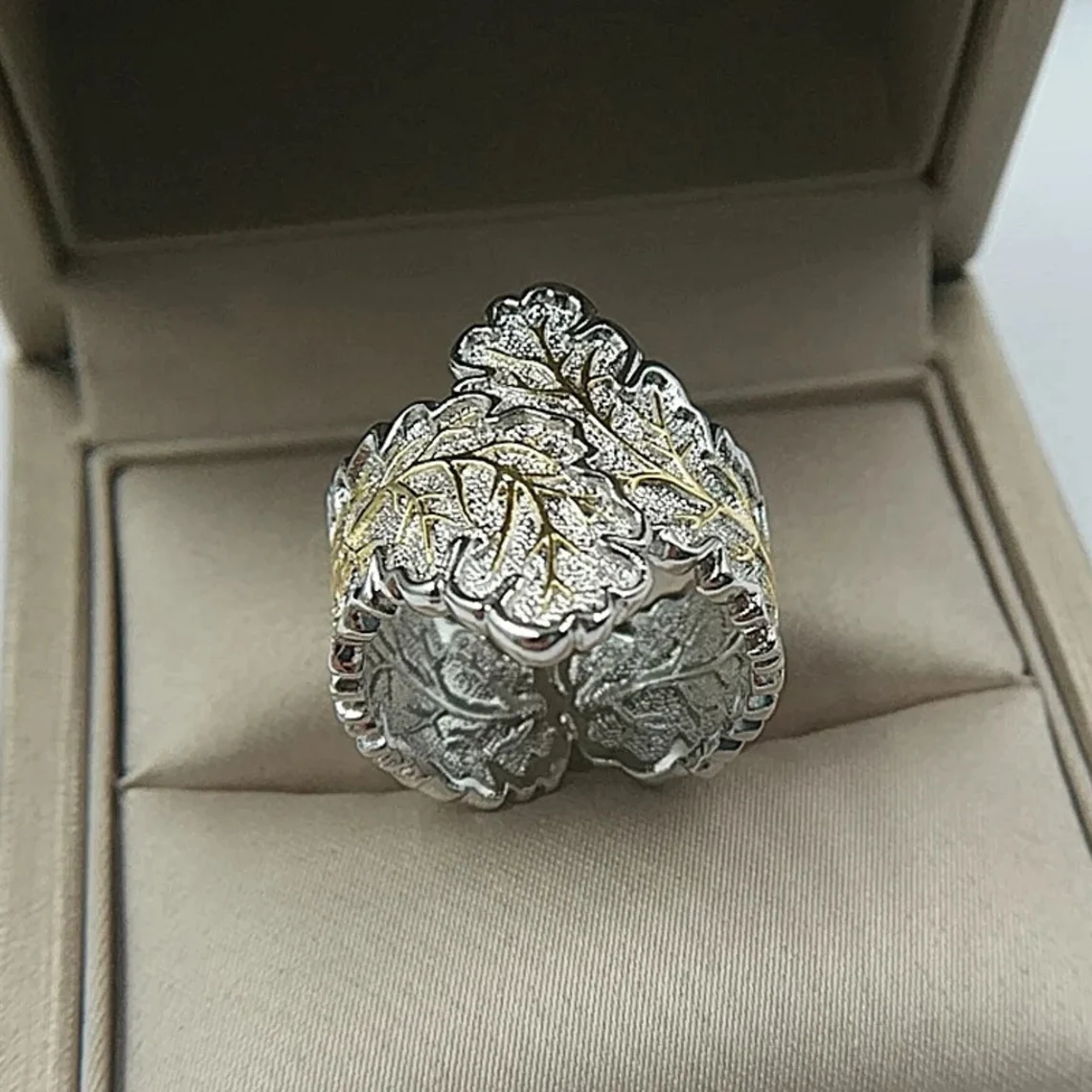 Handmade Antique Silver Carved Tree Leaf Vintage Ring
