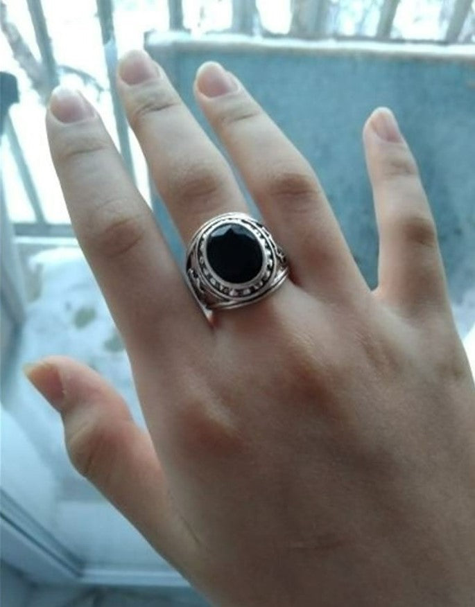 Men's Retro Black Agate Resin Antique Silver Ring