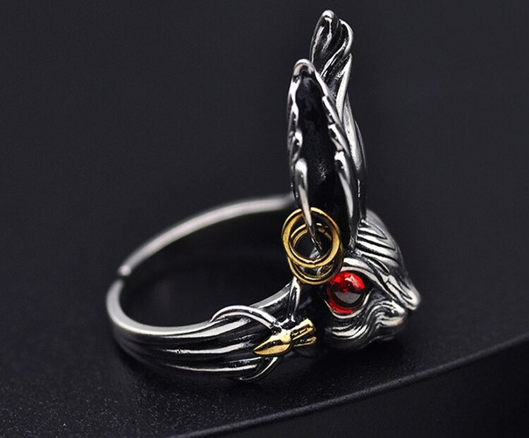 Retro Big Ear Rabbit Red Zircon Silver Open Animal Ring