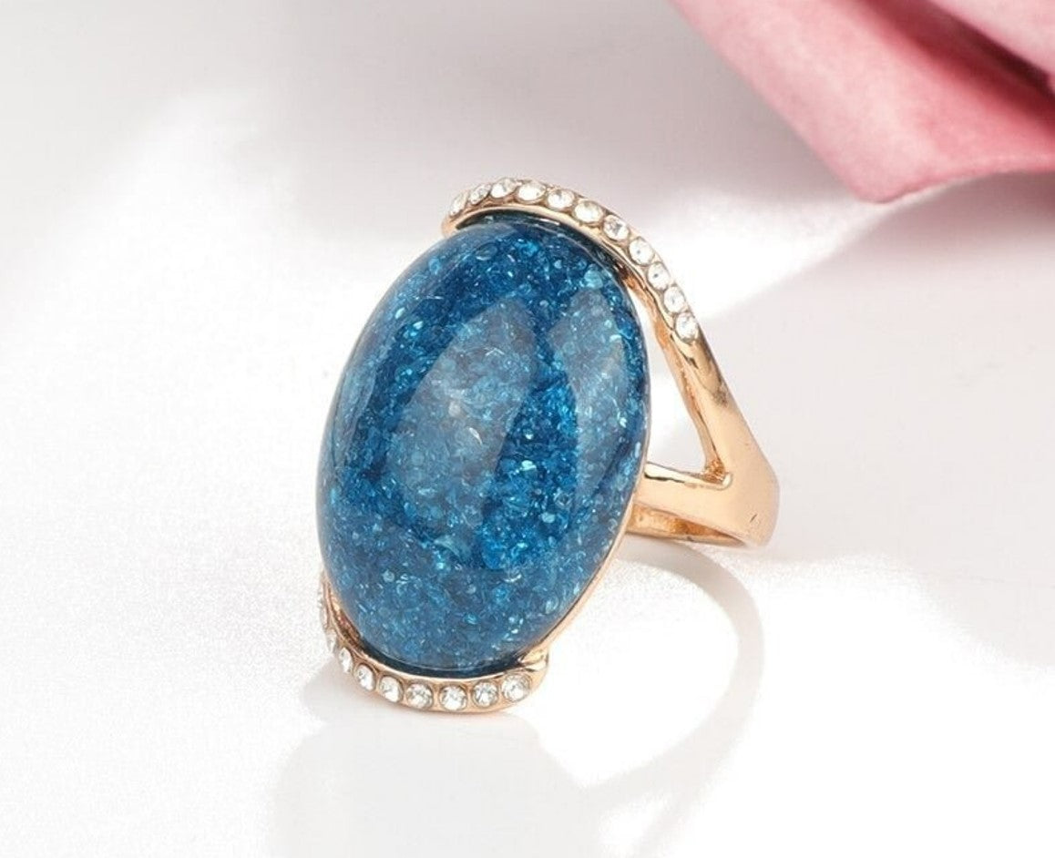 Big Oval Blue Mosaic Antique Gold Vintage Ring