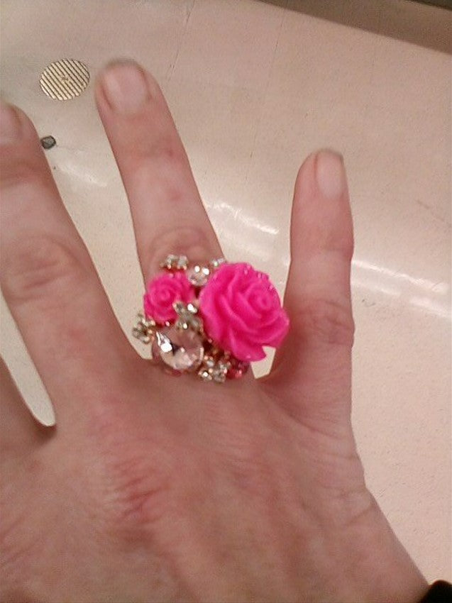 Pink Rose Flower & Rhinestone Floral Decor Open Gold Ring