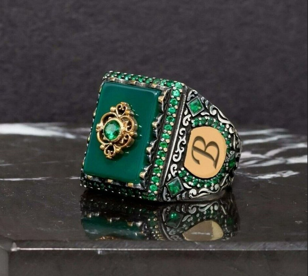 Men's Large Handmade Emerald Green Square Two Tone European Ring
