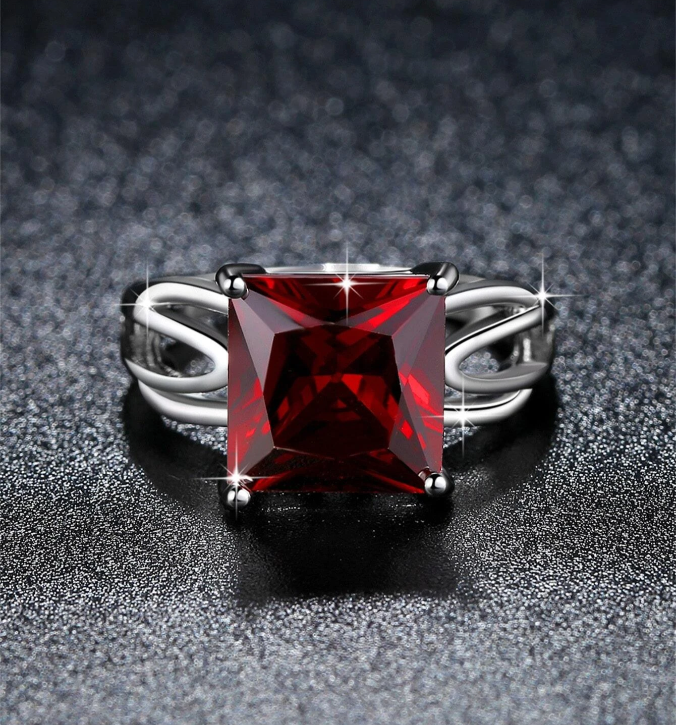 Big 10mm Square Ruby Red Solitaire Silver Ring
