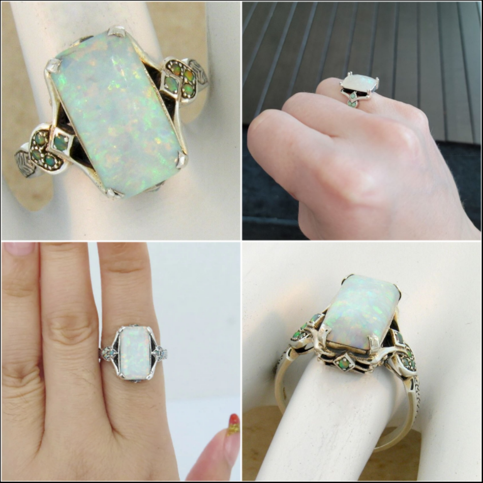 Victorian Style Square White Fire Opal Silver Ring