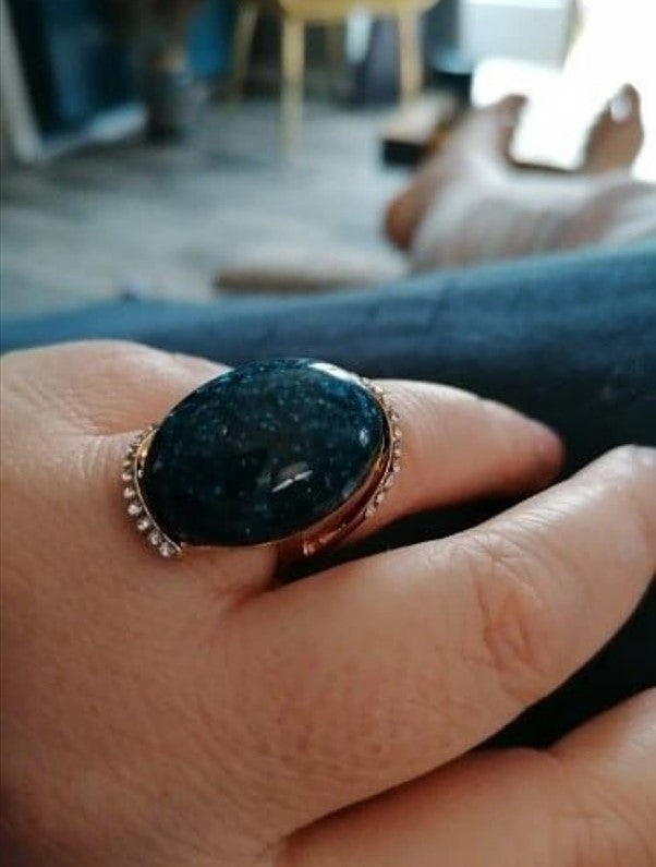 Big Oval Blue Mosaic Antique Gold Vintage Ring