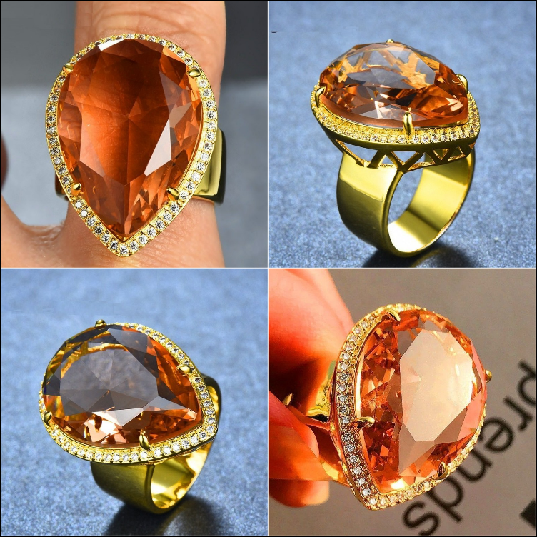 32mm Pear Cut Orange Champagne Water Drop Gold Ring