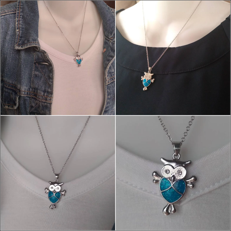 Blue Fire Opal Cute Owl Pendant Silver Necklace & Chain