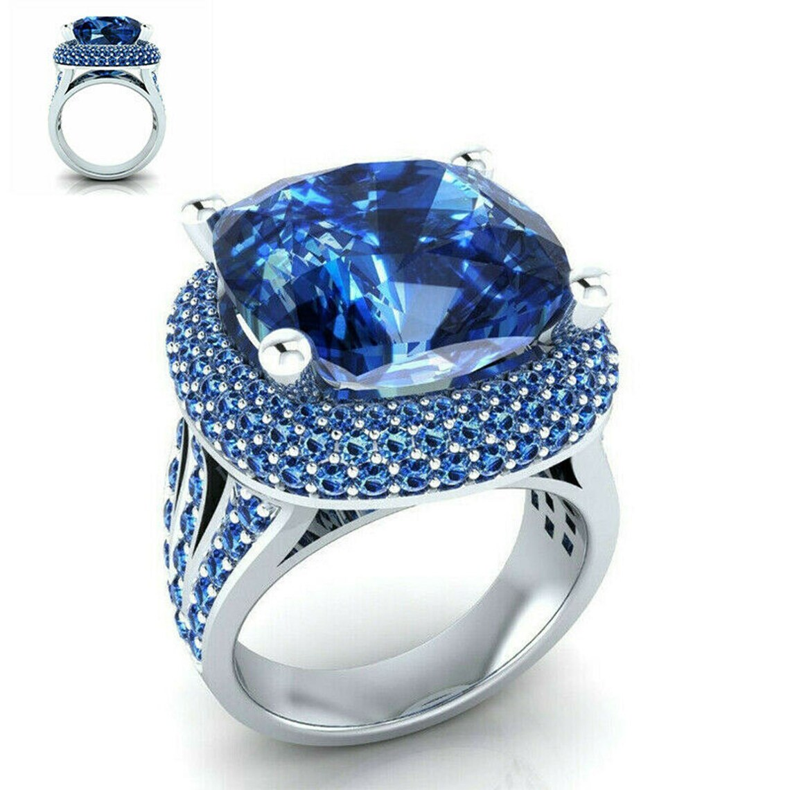 15.65CT Noble Inlaid Full Royal Blue Topaz Silver Ring