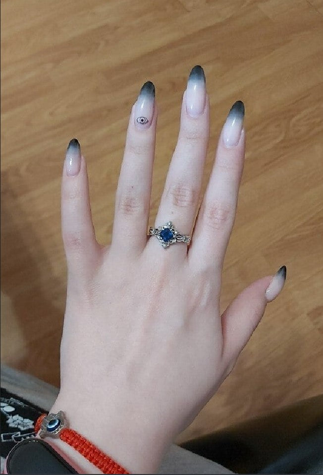 Blue Princess Cut Crown Halo Silver Ring
