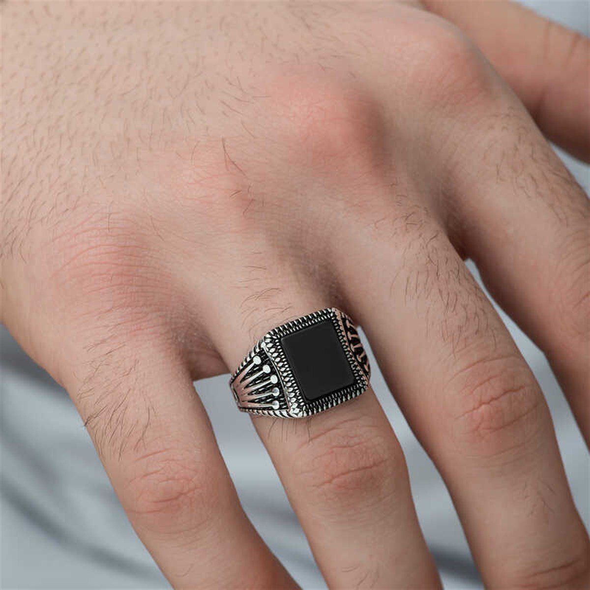 Men's Black Onyx Domineering Geometric Open Silver Ring