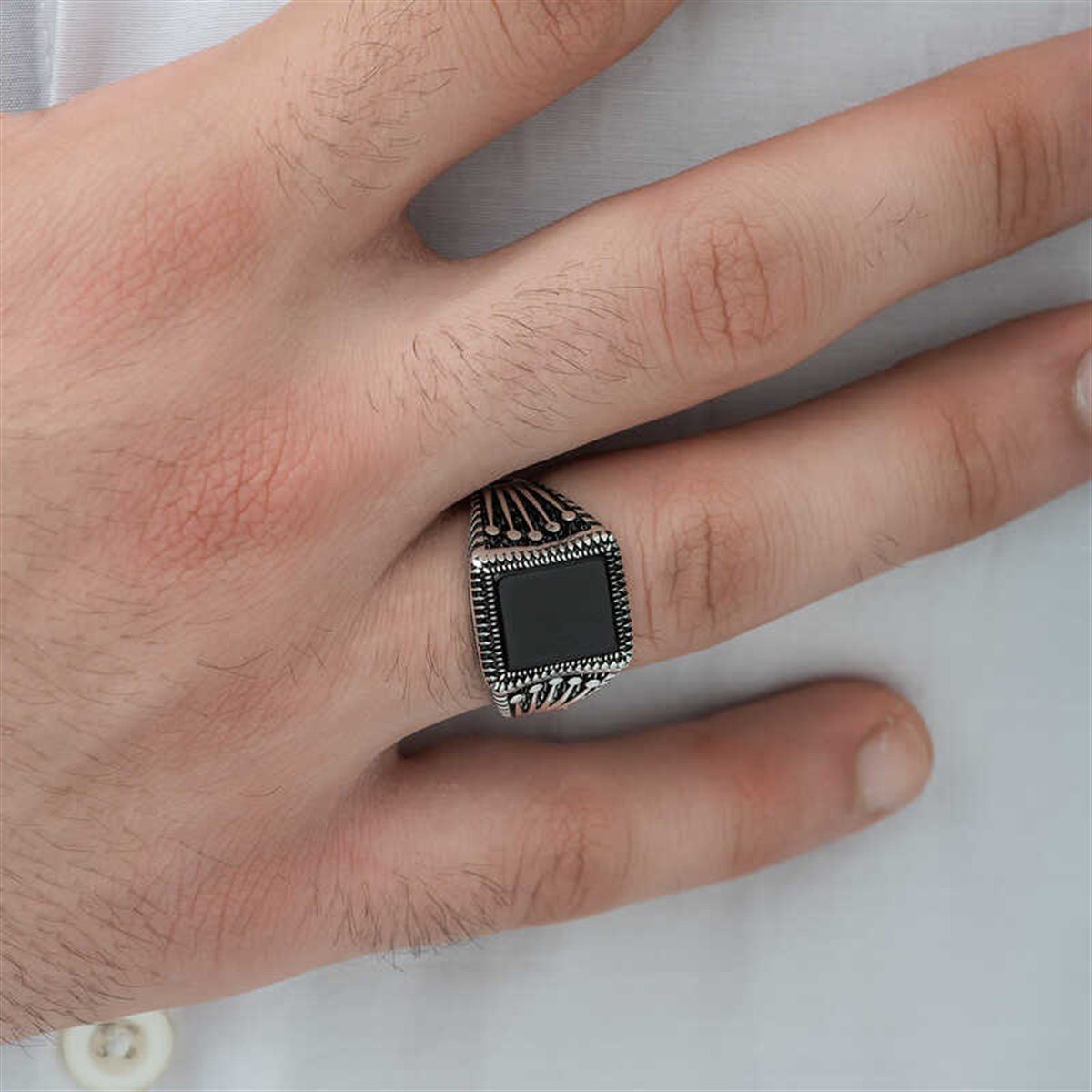 Men's Black Onyx Domineering Geometric Open Silver Ring
