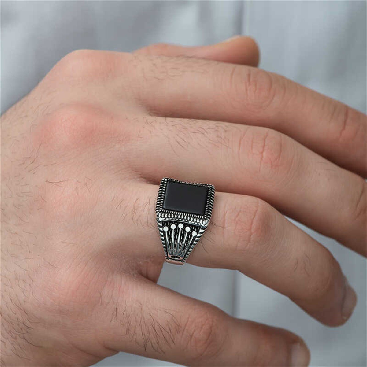Men's Black Onyx Domineering Geometric Open Silver Ring