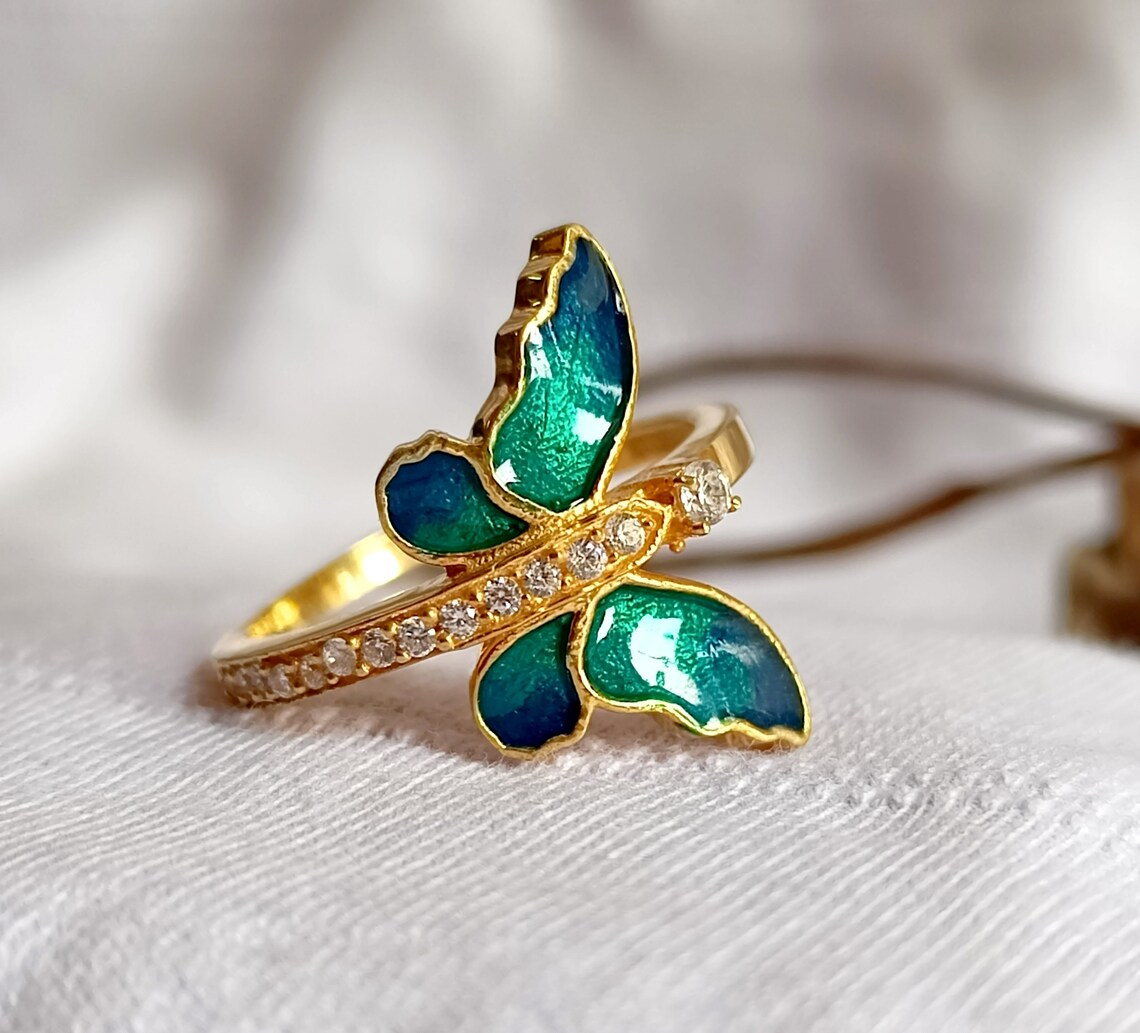 Blue Butterfly Enamel Gold Ring
